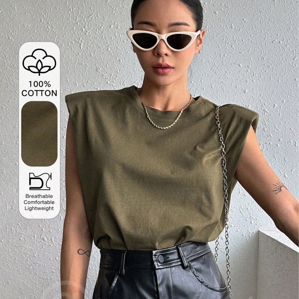Cotton Padded Shoulders Army Green Muscle Tee Shirt Crew Neck